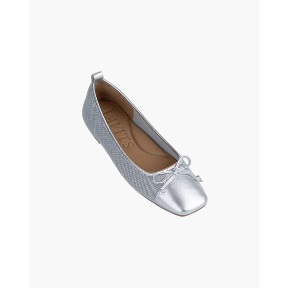 Eric Javits Paris Silver Square Toe Ballet Flat Bow 6 EU 37 GUC Summer Fall - Picture 2 of 11